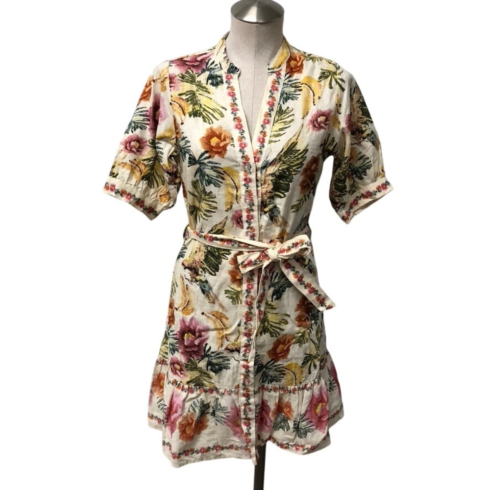 Leo & Ugo Paris Dress Womens T0 XS Off White Tropical Floral Linen Blend Resort